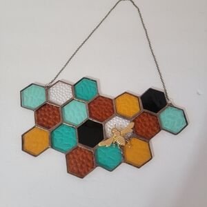 Vintage Stained Glass Bee Honeycomb Hanging Suncatcher Window Garden